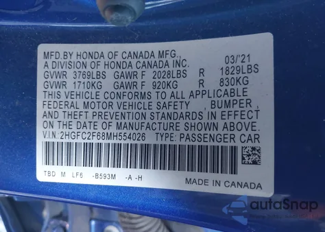 2021 Honda Civic Lx из США, поврежденный, VIN 2HGFC2F68MH554026